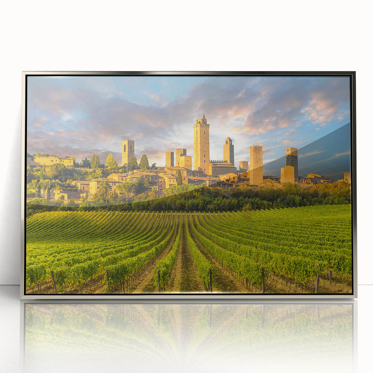 Acrylic print of a Tuscan landscape in muted earth tones, framed in silver, suitable for modern art wall decor.