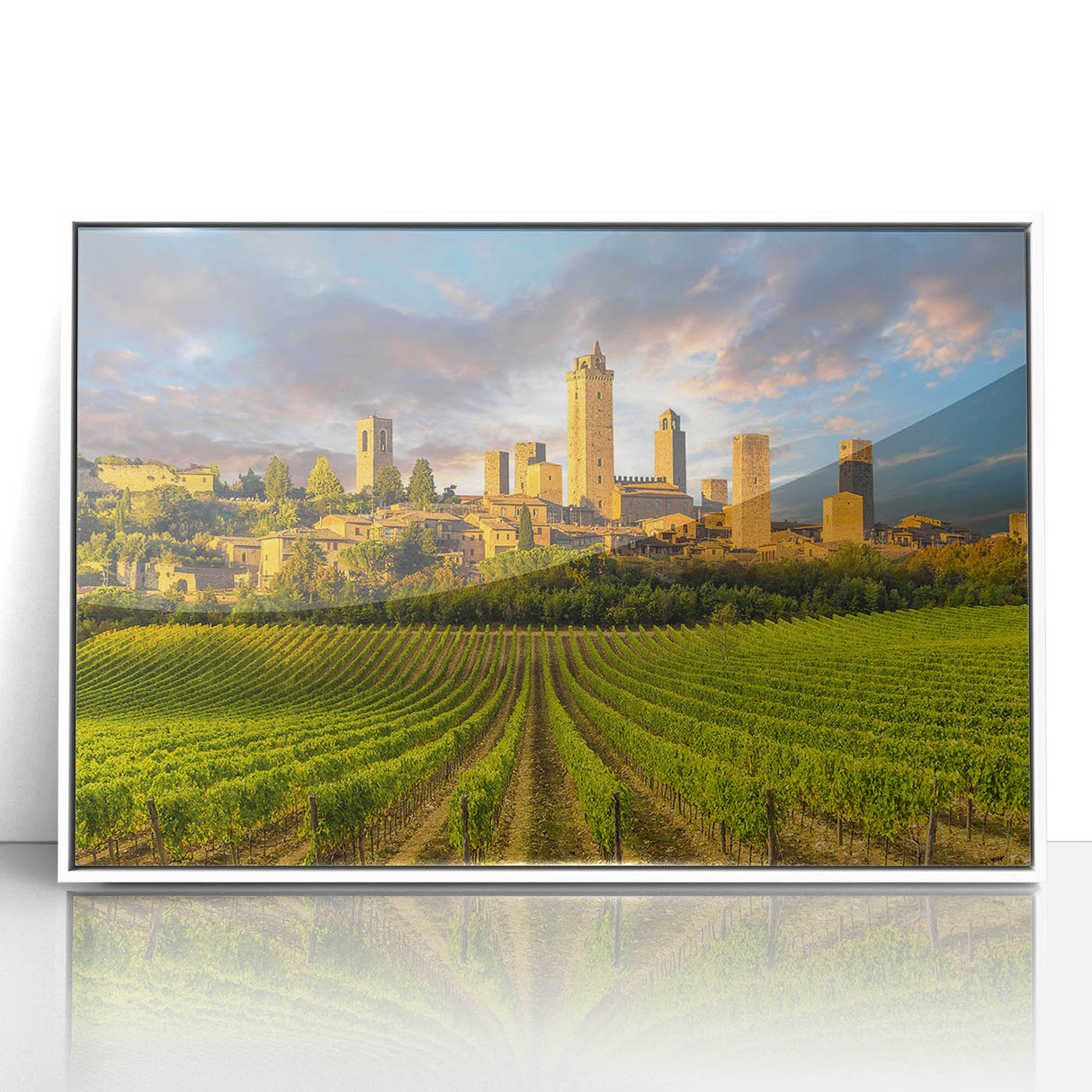 Mid-century modernist art depicting the Tuscan landscape in muted earth tones on a framed acrylic panel.