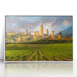 Mid-century modernist art depicting the Tuscan landscape in muted earth tones on a framed acrylic panel.