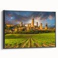 Black and white framed canvas of a Tuscan landscape, ideal for bedroom wall art.