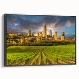 Black and white framed canvas of a Tuscan landscape, ideal for bedroom wall art.