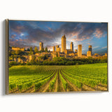 Framed canvas featuring a vintage Tuscan landscape in muted earth tones, ideal for bedroom wall art.