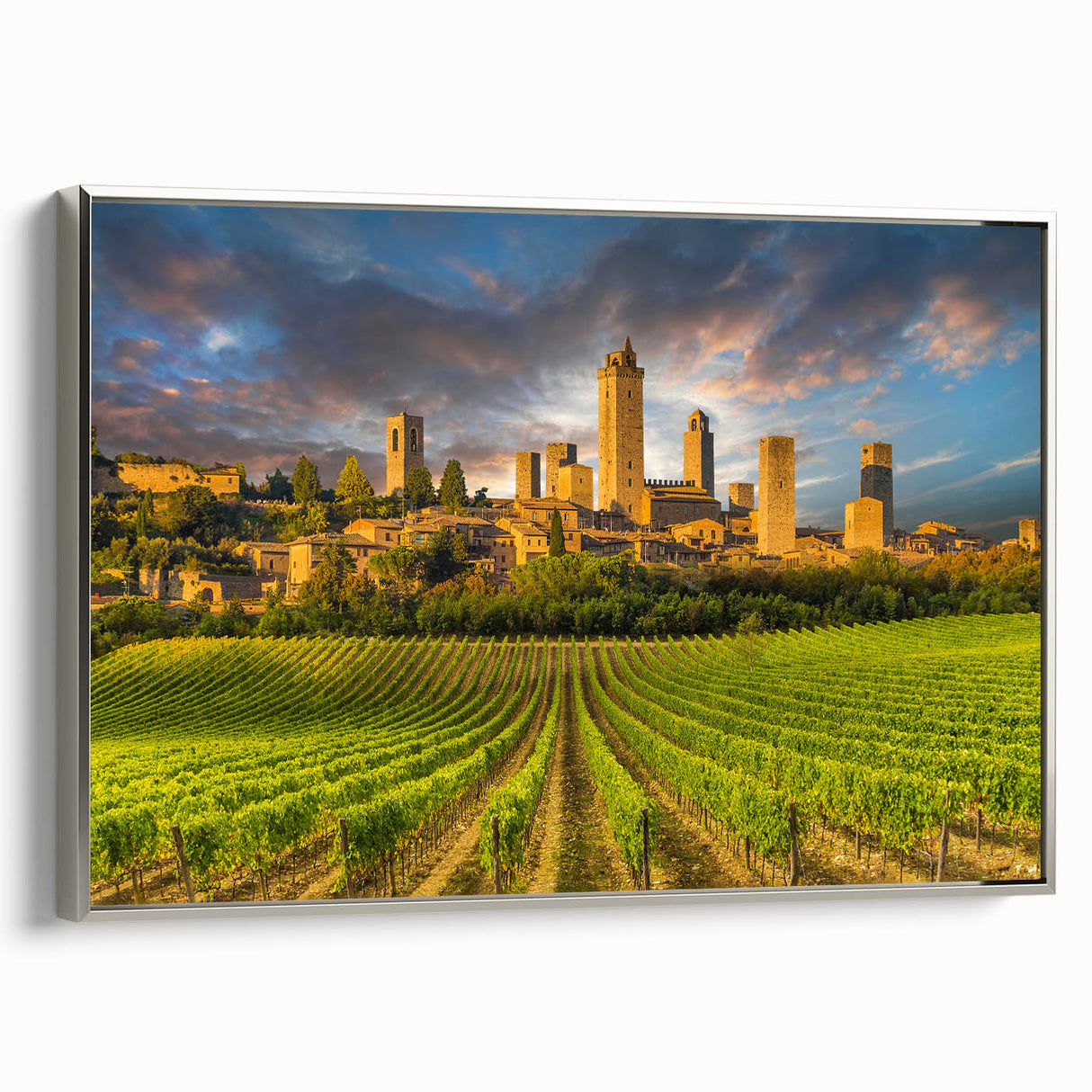 Landscape art painting of Tuscany hills in muted greens and browns on a framed canvas, ideal for living room or office decor.