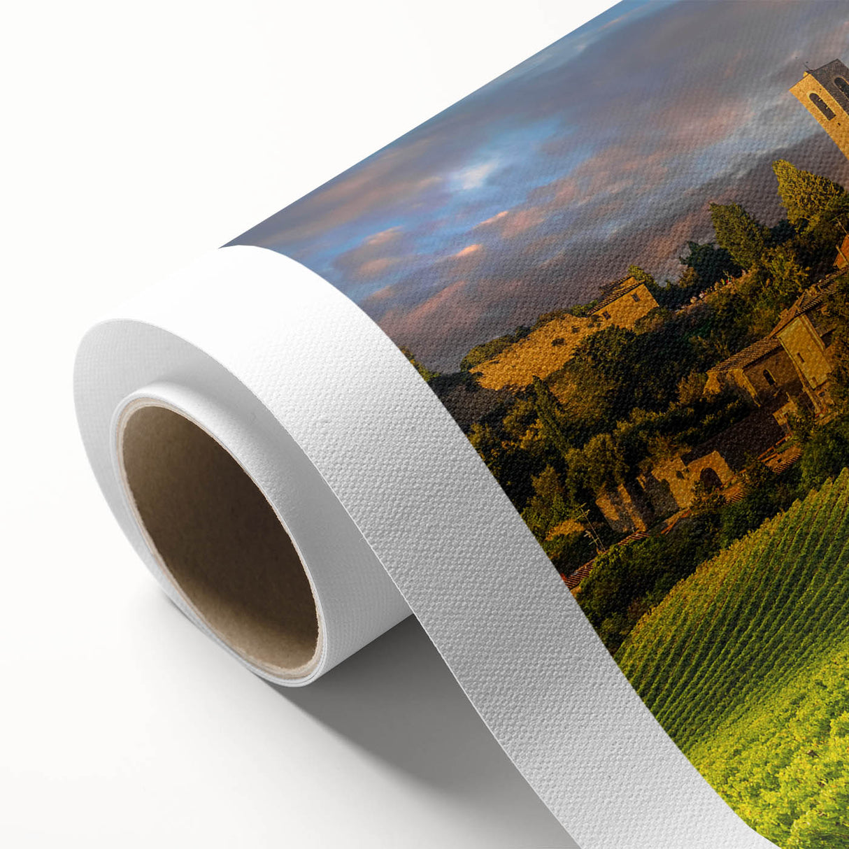 Art Deco style Tuscan landscape on rolled canvas, with muted earth tones, ideal for nursery wall art.