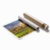 Extra large rolled print of a Tuscan landscape with vibrant green fields and a clear sky, ideal for classy bathroom wall art.
