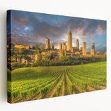Tuscan landscape on stretched canvas, featuring rolling hills and a muted earth tone palette, suitable for kitchen wall art.