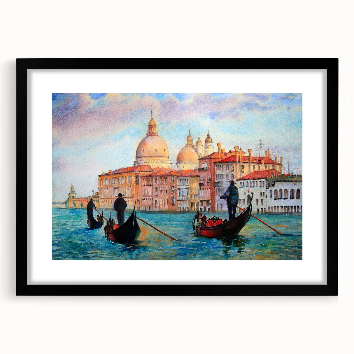 Colorful abstract art print of Venice scenery in vibrant hues on a large textured canvas, framed in black.