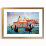 Abstract art print of Venice scenery in muted gold and blue tones, framed with a gold mat, ideal for dining room decor.