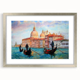 Extra large abstract art print of Venice scene in muted gray with textured silver frame, ideal for living room decor.