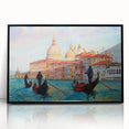 Large abstract wall art depicting a Venetian scene in muted blue and gray tones on a framed acrylic.