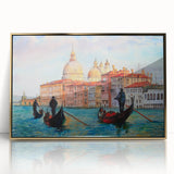 Art deco poster of Venice with muted gold and blue tones on framed acrylic, ideal for modern art wall decor.