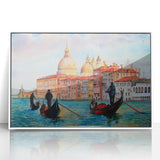 Mid-century modernist style acrylic print of Venice scenery in muted earth tones, ideal for nursery wall art.