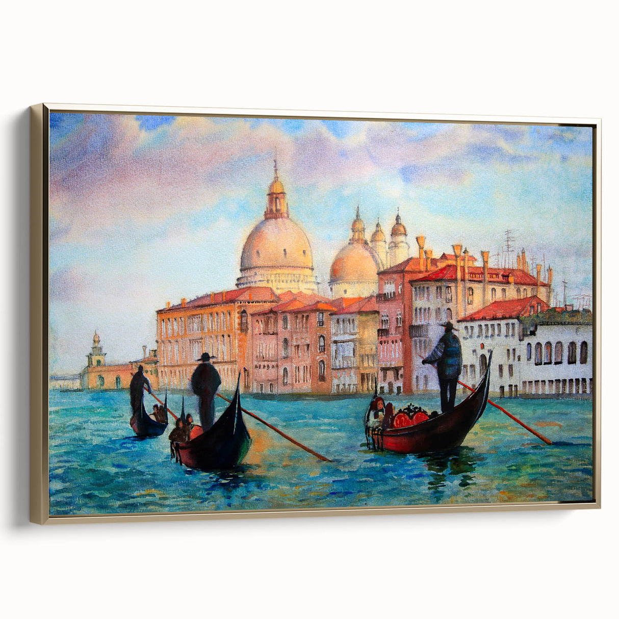 Framed canvas of vintage Venice landscape in muted gold and black tones, ideal for bedroom wall art.