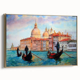 Framed canvas of vintage Venice landscape in muted gold and black tones, ideal for bedroom wall art.