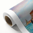 Art deco poster of Venice scenery in pastel shades on rolled canvas.