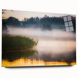 Large abstract wall art of a European landscape in muted blues and greens on acrylic glass.