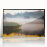 Large art print of a European Latvian scenery in mid-century modernist style, framed in silver acrylic.