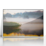 Mid-century modernist art depicting a European landscape in Latvia, using muted earth tones on a framed acrylic print.