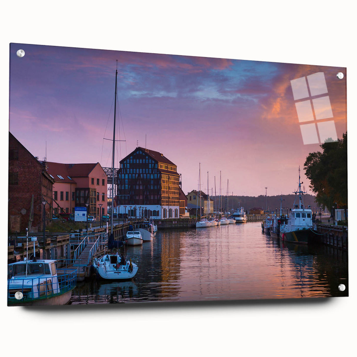 Acrylic print of a large abstract landscape with soft blue and green tones, suitable for bedroom or dining room decor.