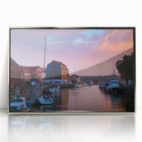 Large art print featuring a mid-century modernist European Lithuanian landscape, displayed in a silver-framed acrylic.