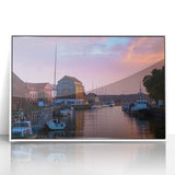 Mid-century modernist art depicting a serene Lithuanian landscape in muted earth tones on a framed acrylic.