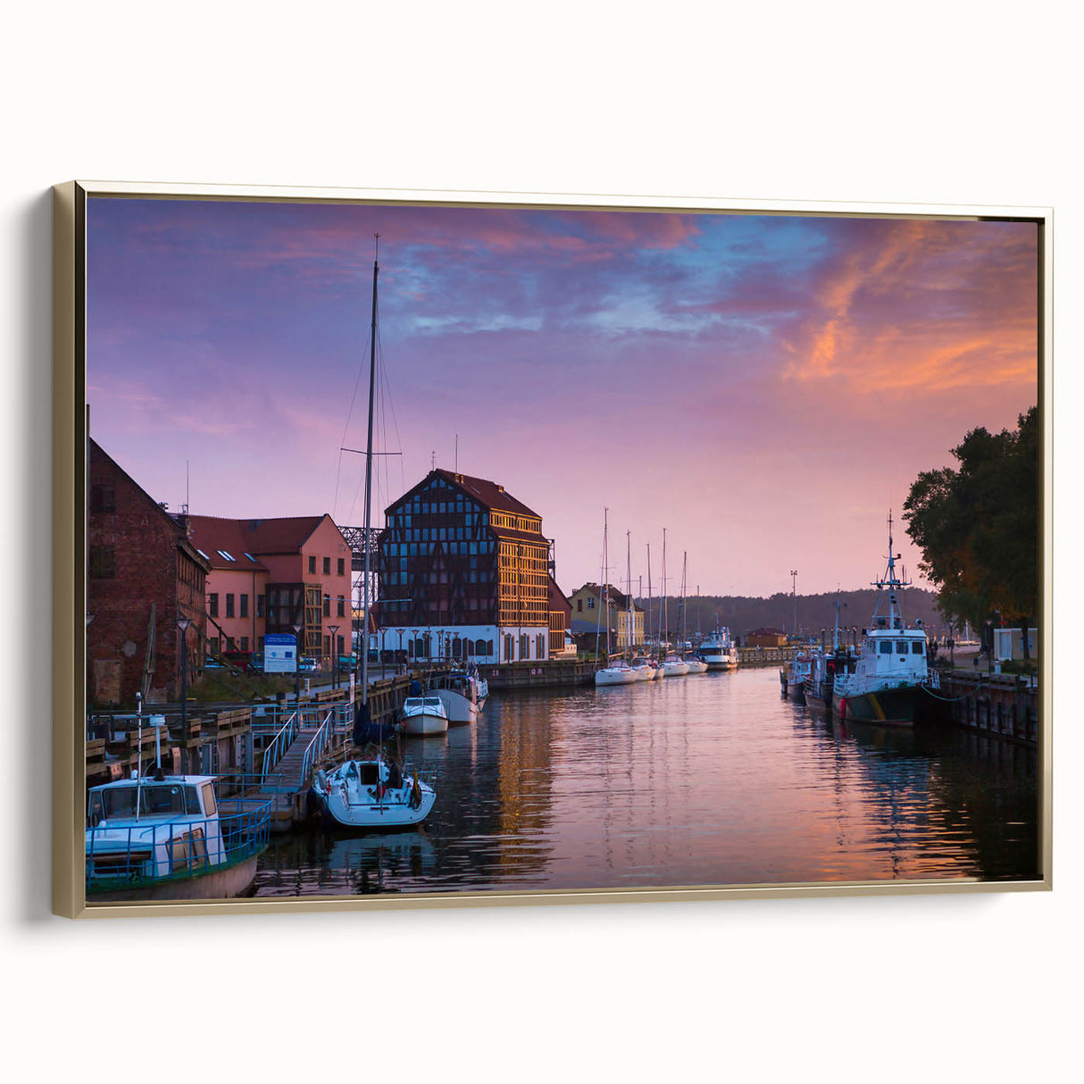 Framed canvas depicting a vintage-style black and gold landscape of Lithuania, ideal for bedroom wall art.
