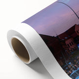 Art deco poster of a European Lithuanian landscape in muted green and brown tones on rolled canvas.