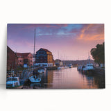 Black and white photograph of a European street scene on large stretched canvas, ideal for kitchen wall art.