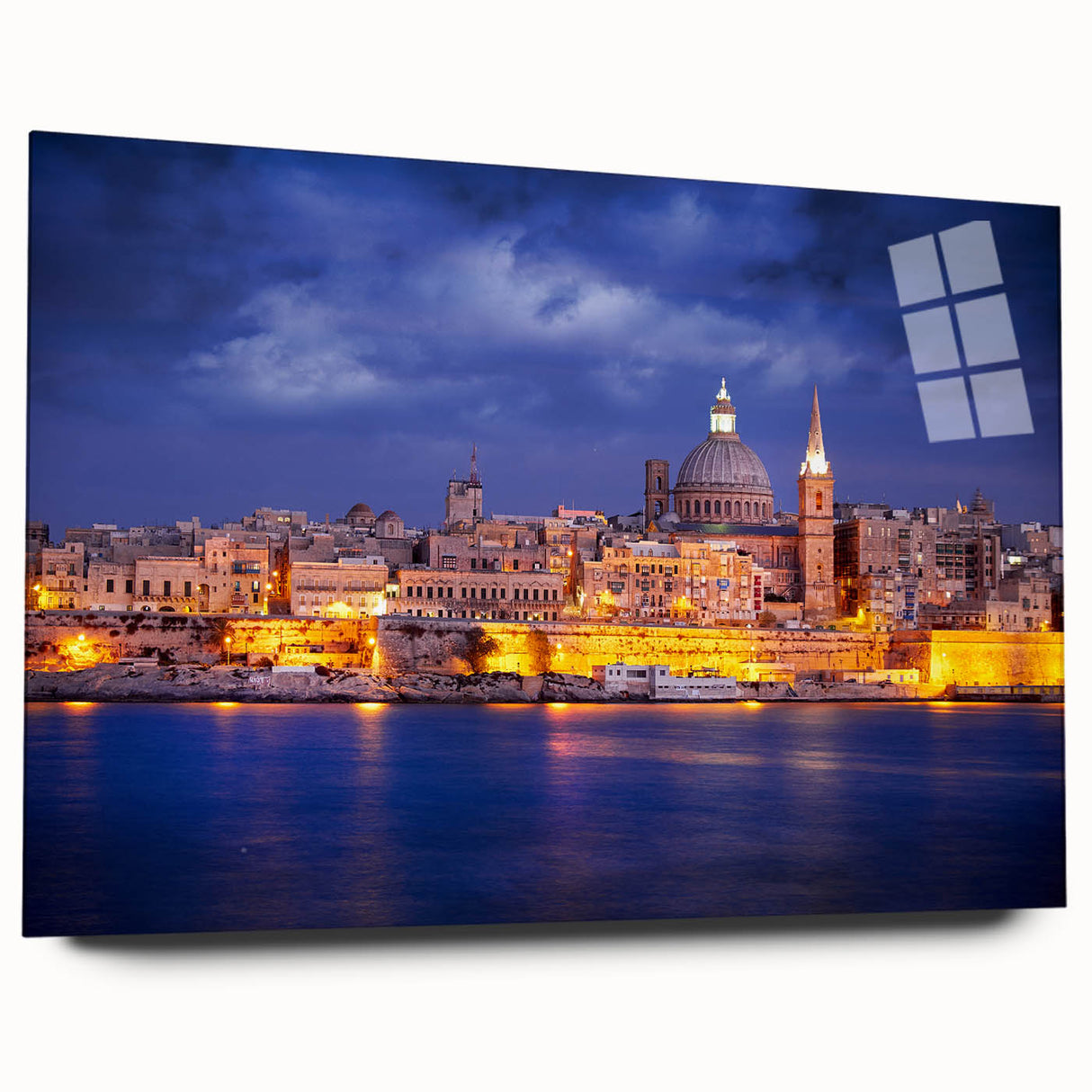 Large abstract wall art of a European Malta scenery in vibrant blue and green tones, printed on acrylic glass.