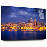 Large abstract wall art of a European Malta scenery in vibrant blue and green tones, printed on acrylic glass.