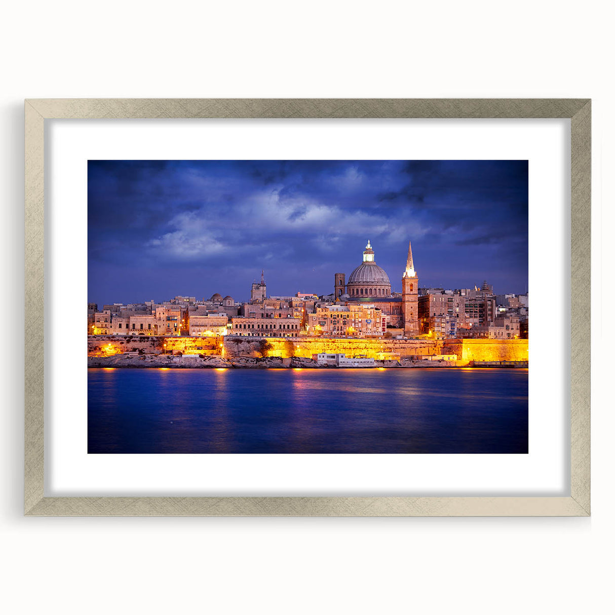 Extra large abstract art print of a textured European scenery in muted earth tones, framed in silver.