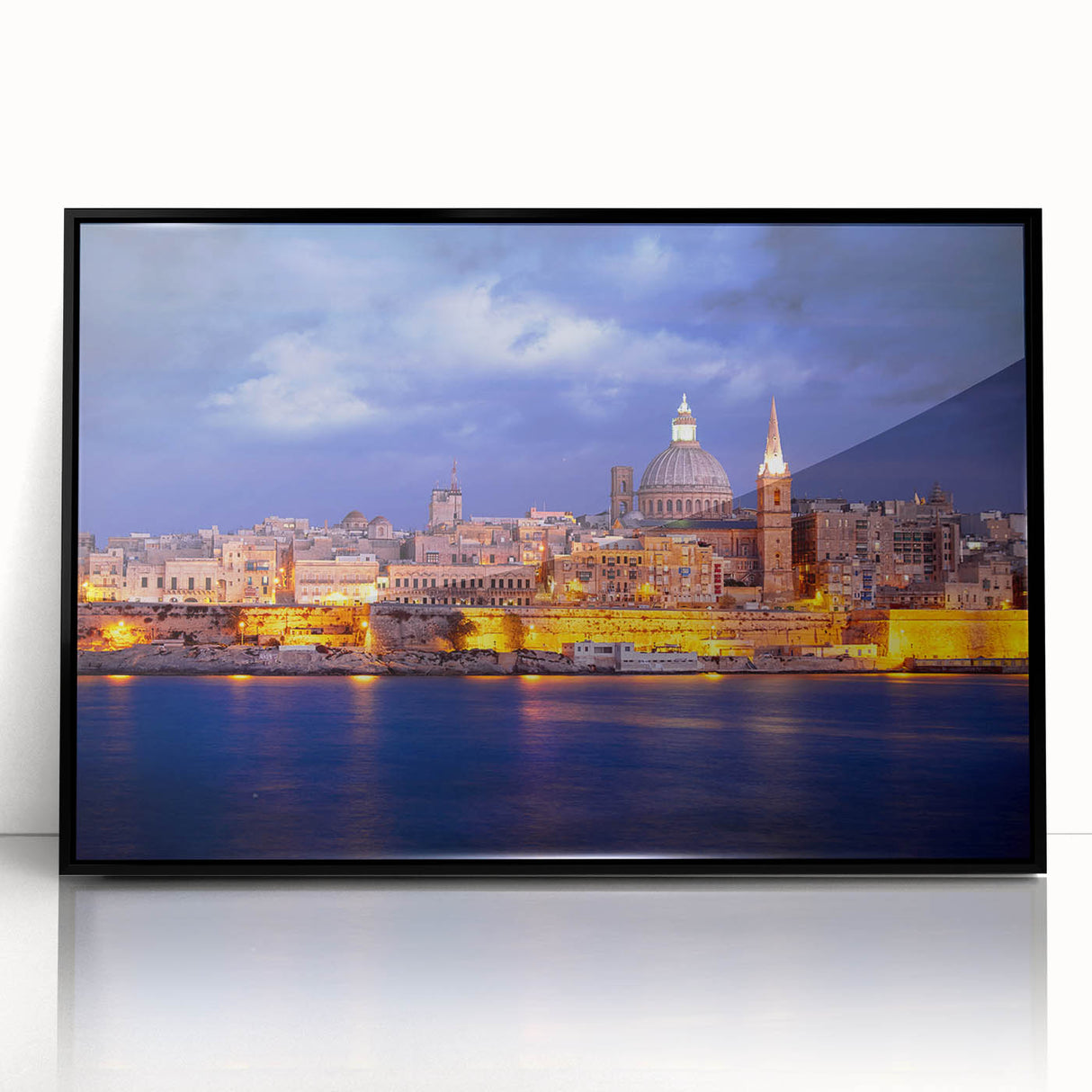 Large abstract wall art depicting a European Malta scenery in muted earth tones, framed in black acrylic.