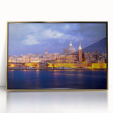 Art deco poster of a Malta landscape in gold framed acrylic, featuring muted earth tones, ideal for modern art wall decor.