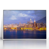 Mid-century modernist art depicting a European Malta landscape in muted colors on a framed acrylic.