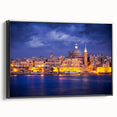 Black and white vintage poster art of a Malta landscape on framed canvas, suitable for bedroom decor.