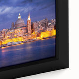 Extra large framed canvas featuring a textured depiction of a European scenery in Malta with black and colorful art accents.