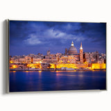Framed canvas landscape art painting depicting a vintage Malta scenery, with colorful art on a black background.