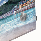 Large abstract depiction of the Mediterranean Sea in muted blue tones on acrylic glass, suitable for dining room art.