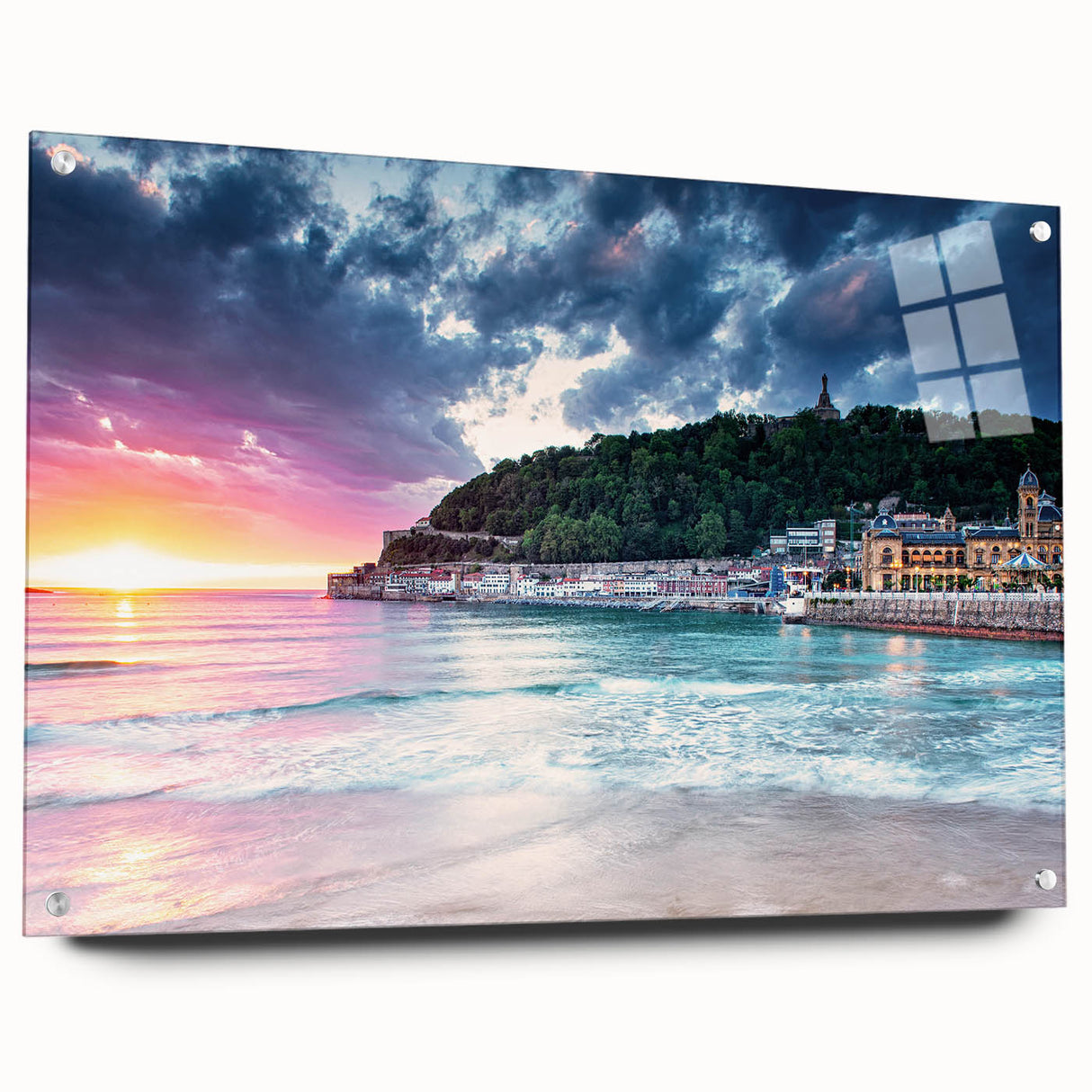 Acrylic print of a Mediterranean seascape with vibrant blue and white tones, ideal for dining room decor.