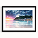 Extra large abstract art print featuring a colorful, textured depiction of the Mediterranean Sea, framed in black.