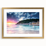 Abstract art print depicting the Mediterranean Sea in vibrant blue and teal tones, framed in gold.