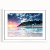 Textured abstract art print of the Mediterranean Sea in muted blue and white tones, framed with a white mat.