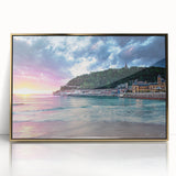 Framed acrylic print of a Mediterranean seaside in pastel shades, suitable for modern art wall decor.