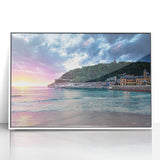 Mid-century modernist art of the Mediterranean Sea in muted blue and white hues, acrylic print framed in white.