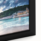 Black framed canvas featuring a textured, colorful Mediterranean seascape, ideal for living room decor.