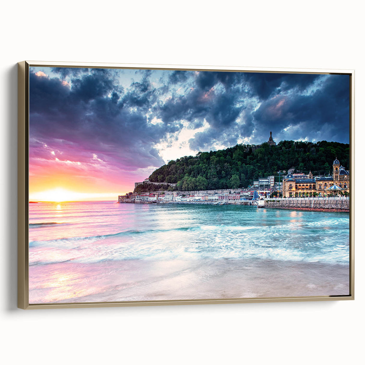 Framed canvas featuring a vintage-style landscape painting of the Mediterranean Sea, with gold accents.