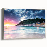 Framed canvas landscape painting of the Mediterranean Sea in vintage style, featuring vibrant blue water and colorful sky.