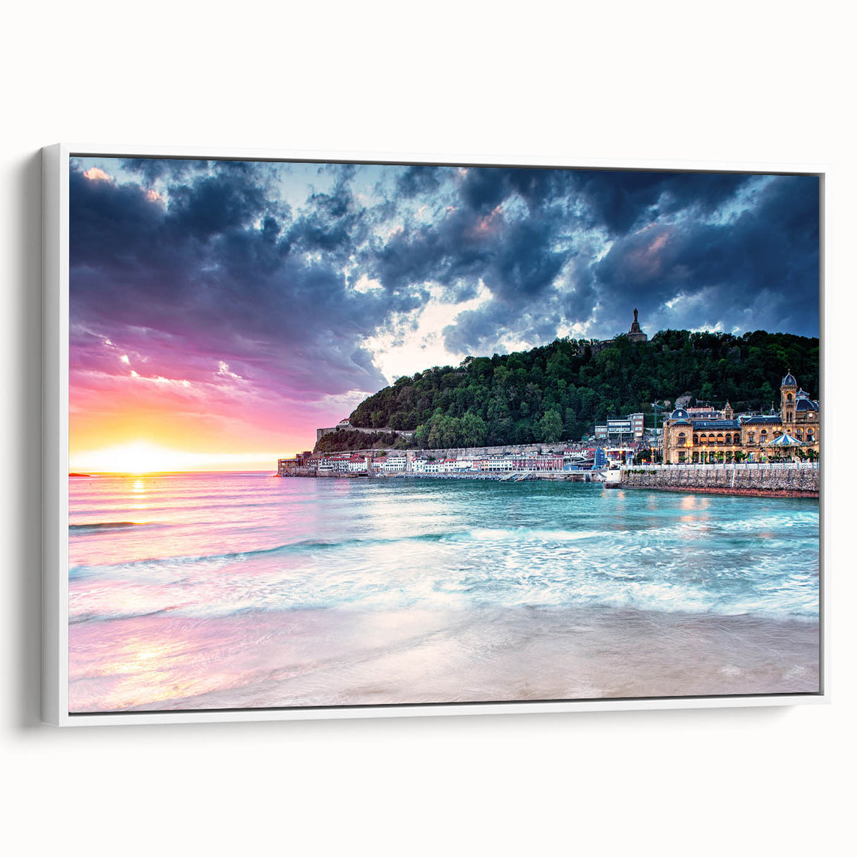Vintage poster art of the Mediterranean Sea on a framed canvas, featuring vibrant blue and white tones.