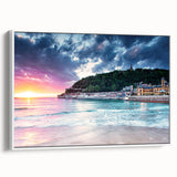 Vintage poster art of the Mediterranean Sea on a framed canvas, featuring vibrant blue and white tones.