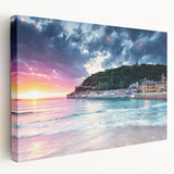 Large stretched canvas depicting a Mediterranean seaside town in vibrant blue and white tones, suitable for kitchen wall art.